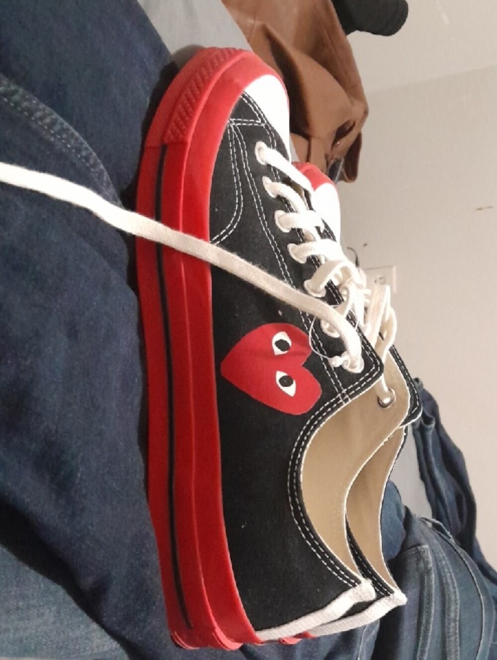 Converse Black Canvas Low Top Sneakers with Red Accents and White Laces - Picture 5 of 6
